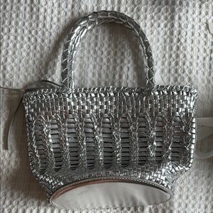 J Crew Metallic Silver Woven Bag
